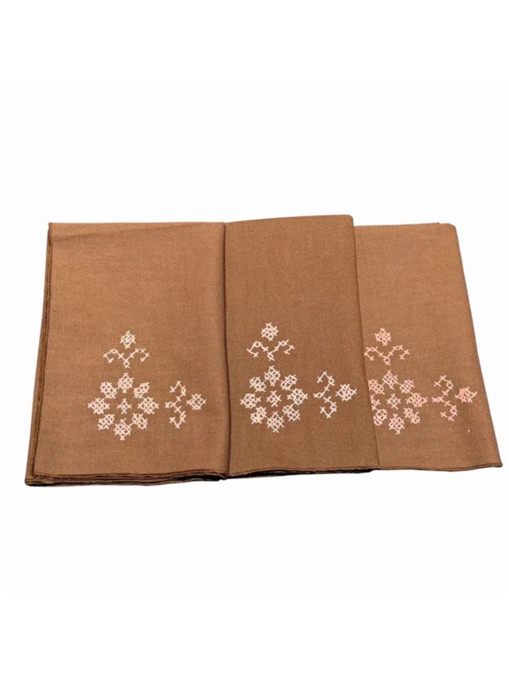 Vintage Set of 3 Brown Linen Embroidered Napkins Pink Cross Stitch Floral Table